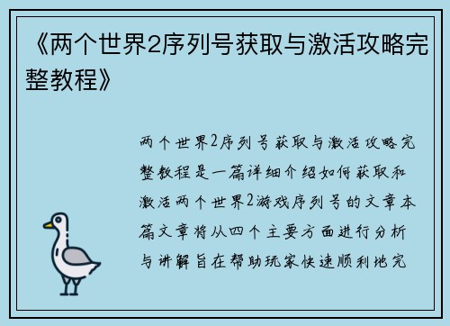 《两个世界2序列号获取与激活攻略完整教程》
