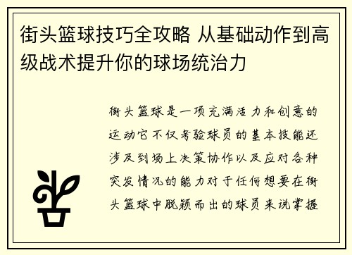 街头篮球技巧全攻略 从基础动作到高级战术提升你的球场统治力