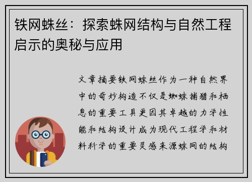 铁网蛛丝:探索蛛网结构与自然工程启示的奥秘与应用